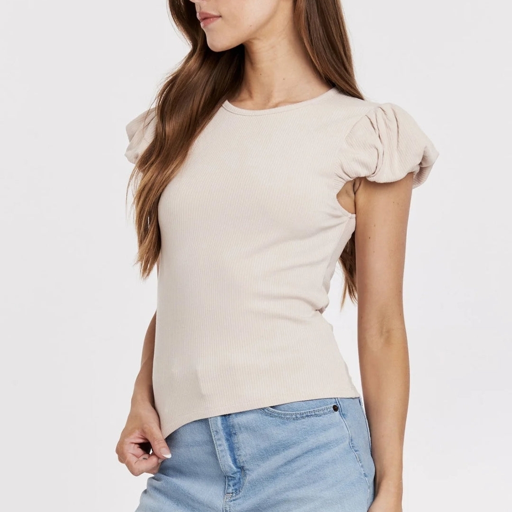 NWOT J. Crew Cream Ribbed Top with Puff Sleeves